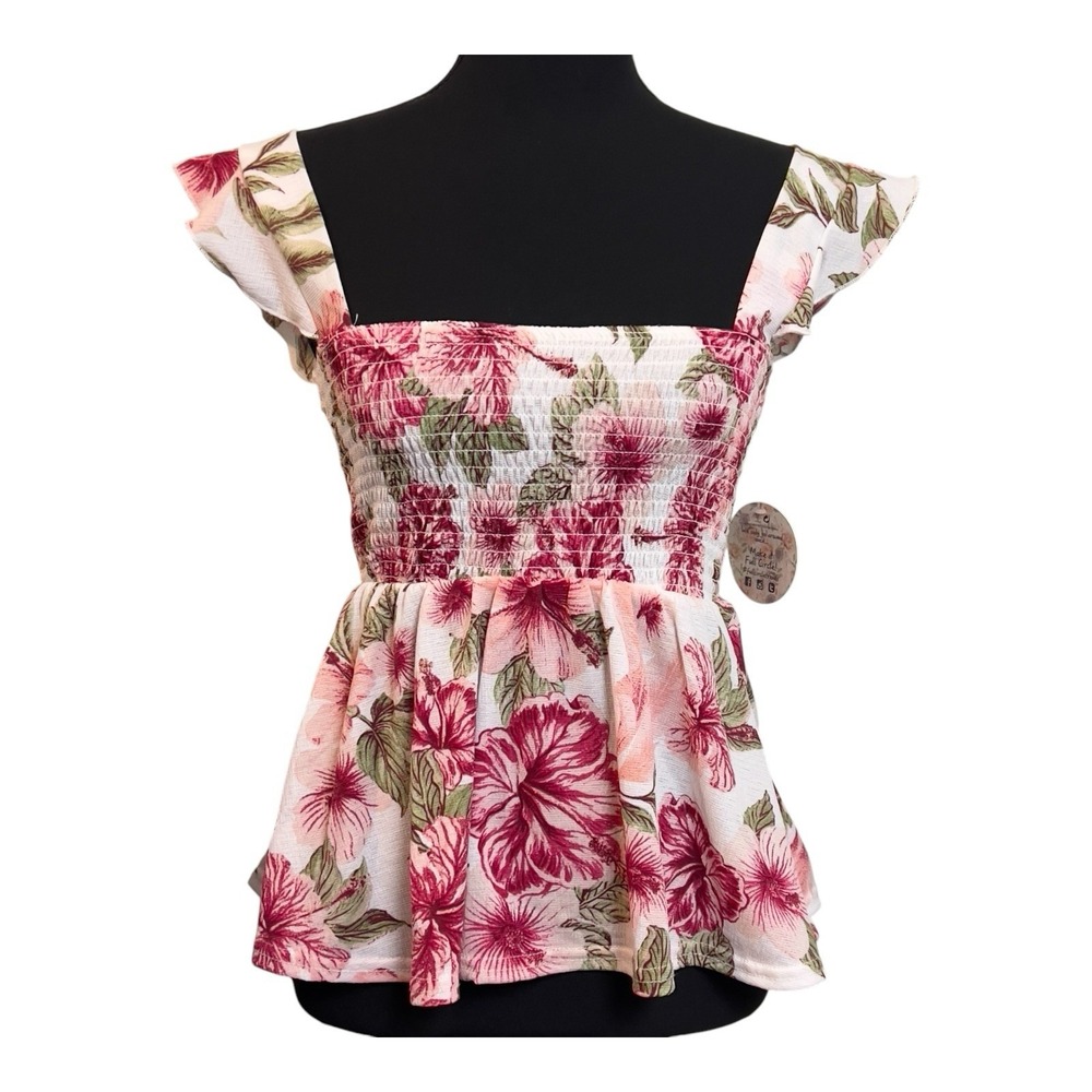 Jolie & Joy Floral Smocked Gauze Flutter Strap Tank Hi-Lo Hem Junior's Medium